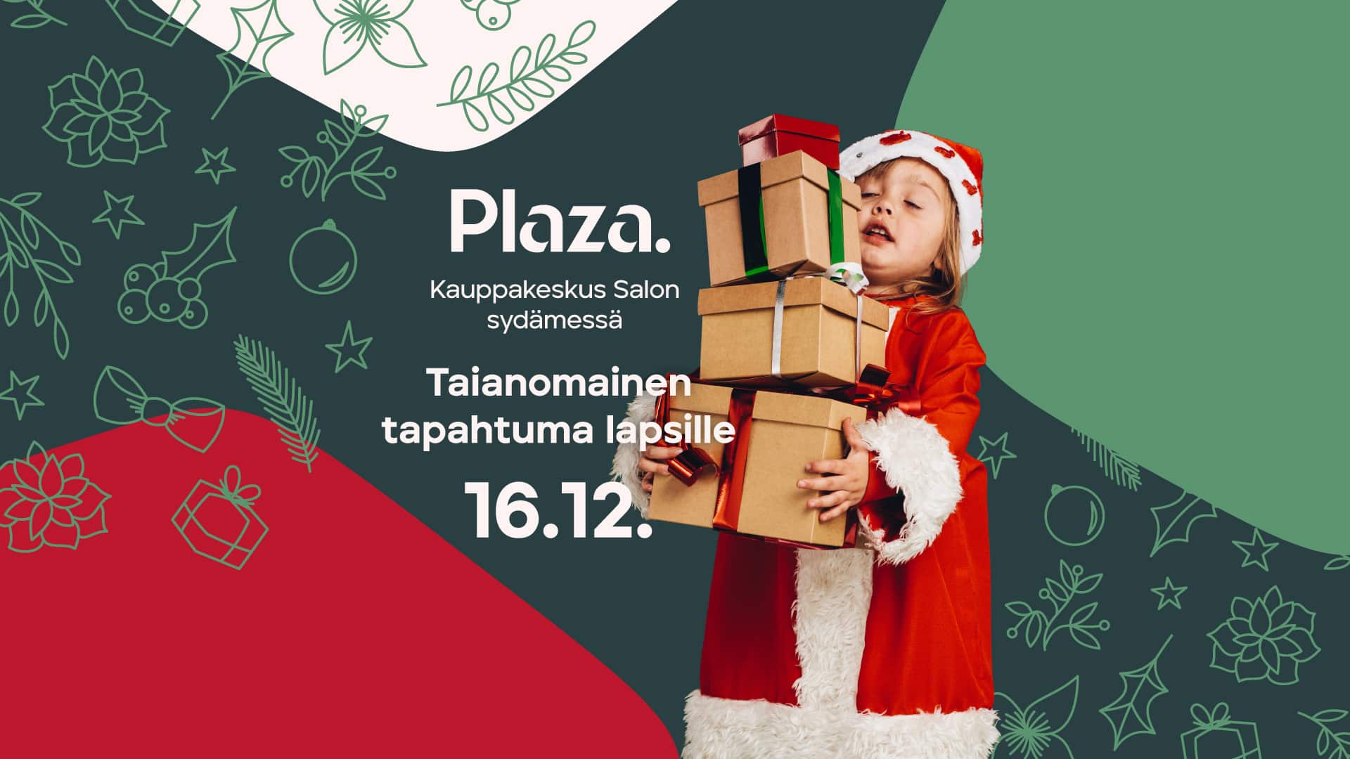 oulupukuksi pukeutunut lapsi pitelee lahjapaketteja. Plazan taianomainen tapahtuma lapsille 16.12.