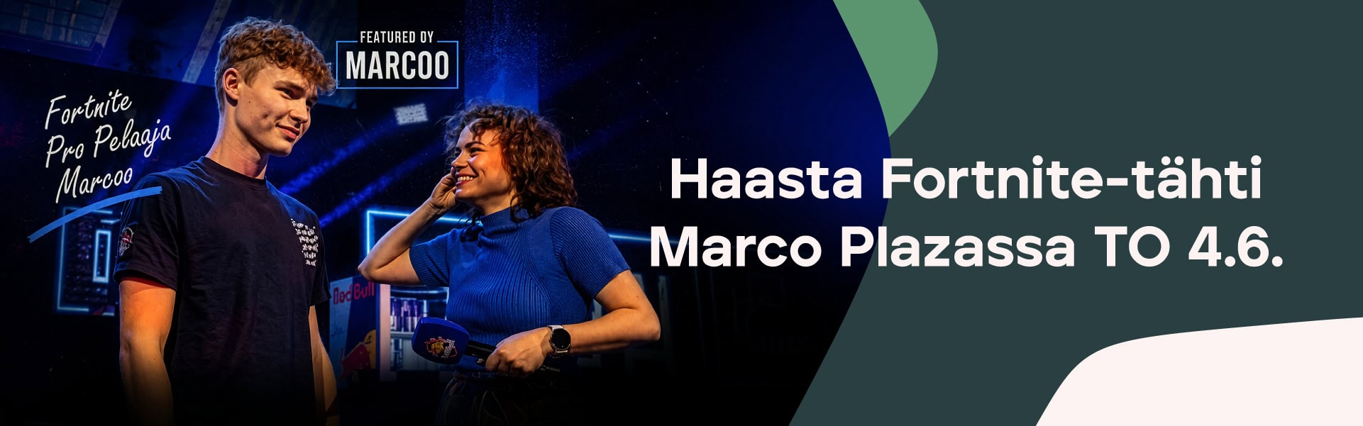 Haasta Fortnite-tähti Marco Plazassa torstaina 4.6. Kuvassa Marco ja haastattelija.